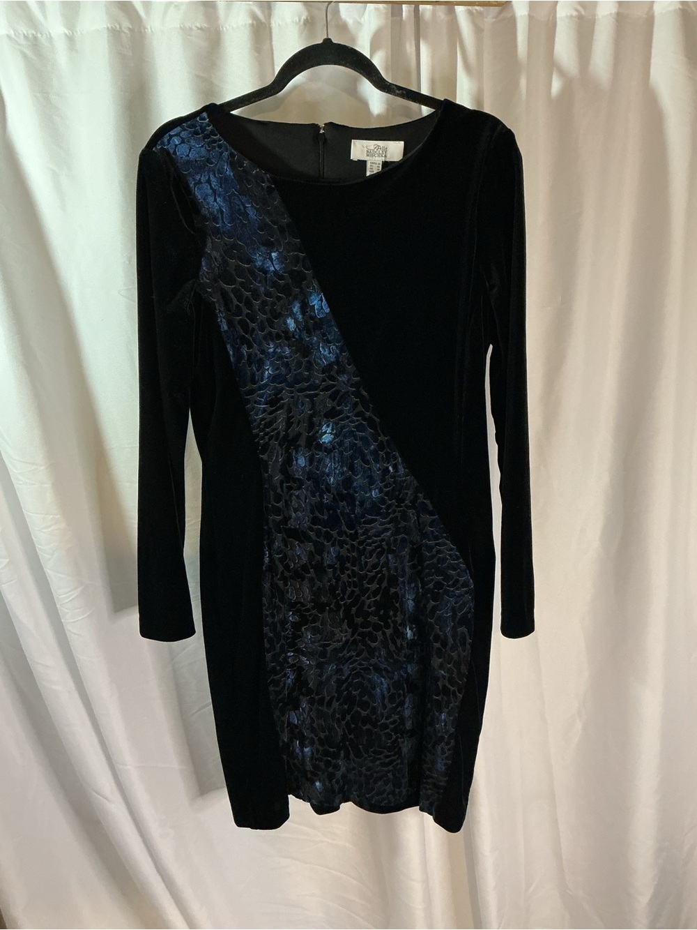 Badgley Mischka Belle Black Velvet Dress Blue Metallic Panel Long Sleeve Size 14